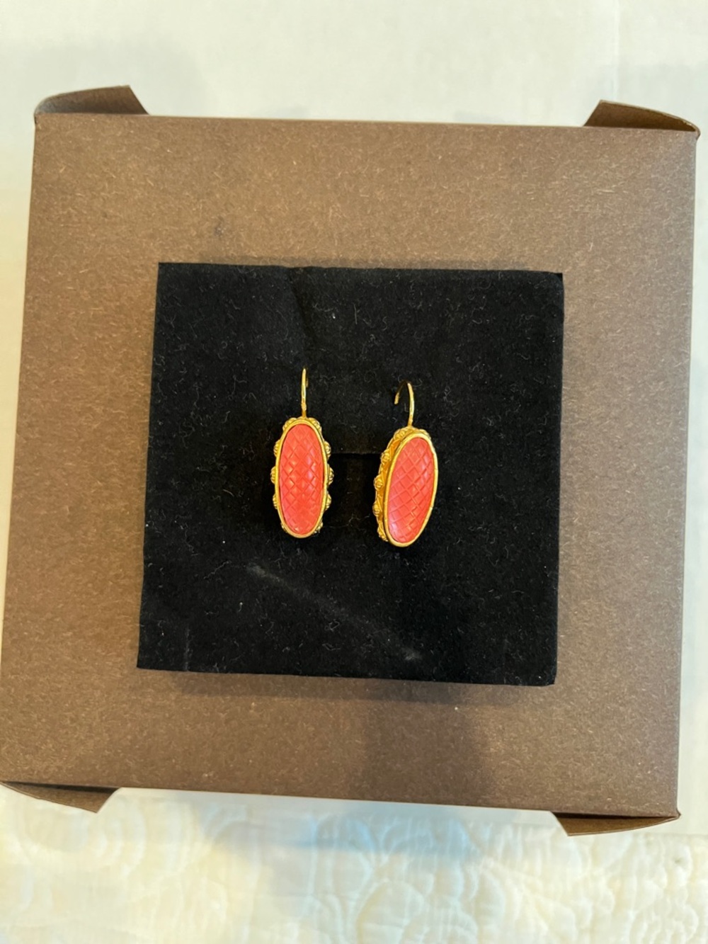 Gold-Plated Coral Oval Drop Earrings